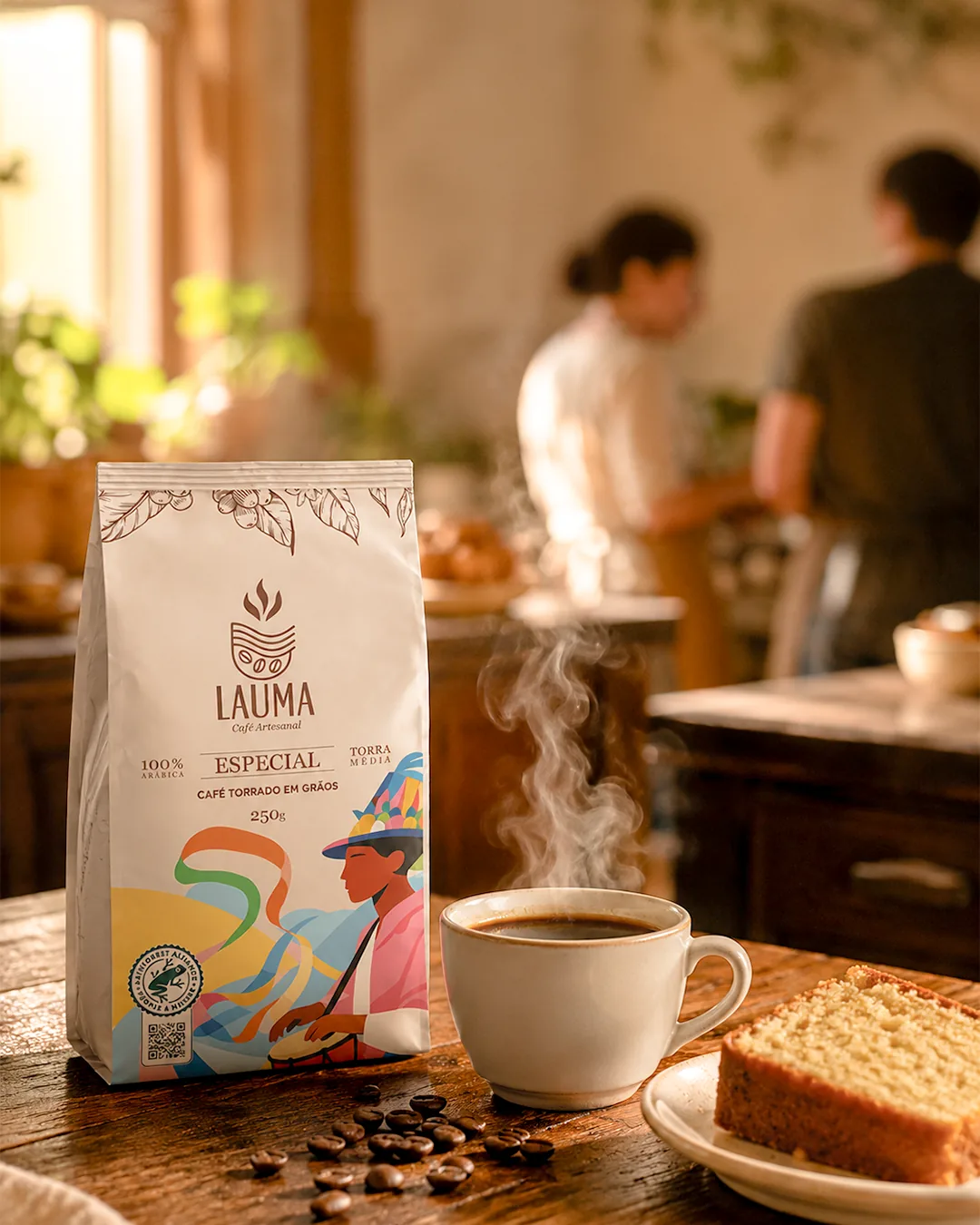 Pacote do Lauma Café Artesanal Especial, 250 g, ao lado de uma xícara de café fumegante